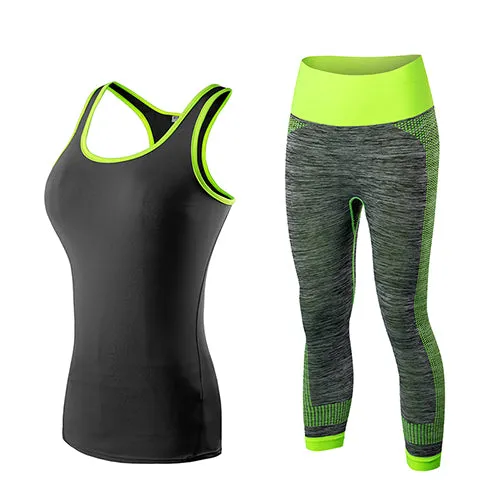 2017 YEL Hot Ladies 2 Pcs Sport Running Cropped Top 3/4 Leggings Set Gym Yoga Pants Vest Gym Trainning Clothing Free Shipping