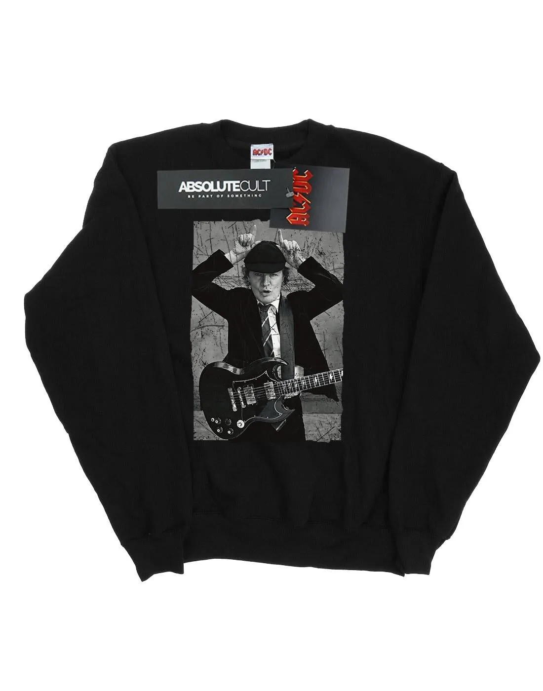 AC/DC Mens Angus Young Distressed Photo Cotton Sweatshirt