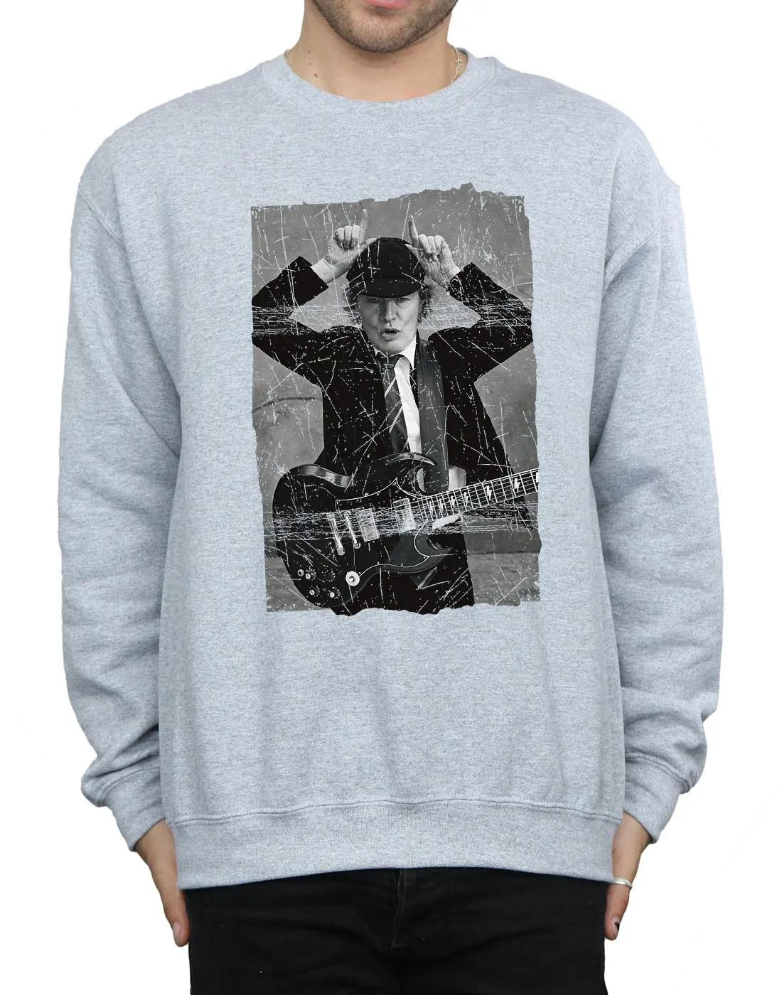 AC/DC Mens Angus Young Distressed Photo Cotton Sweatshirt