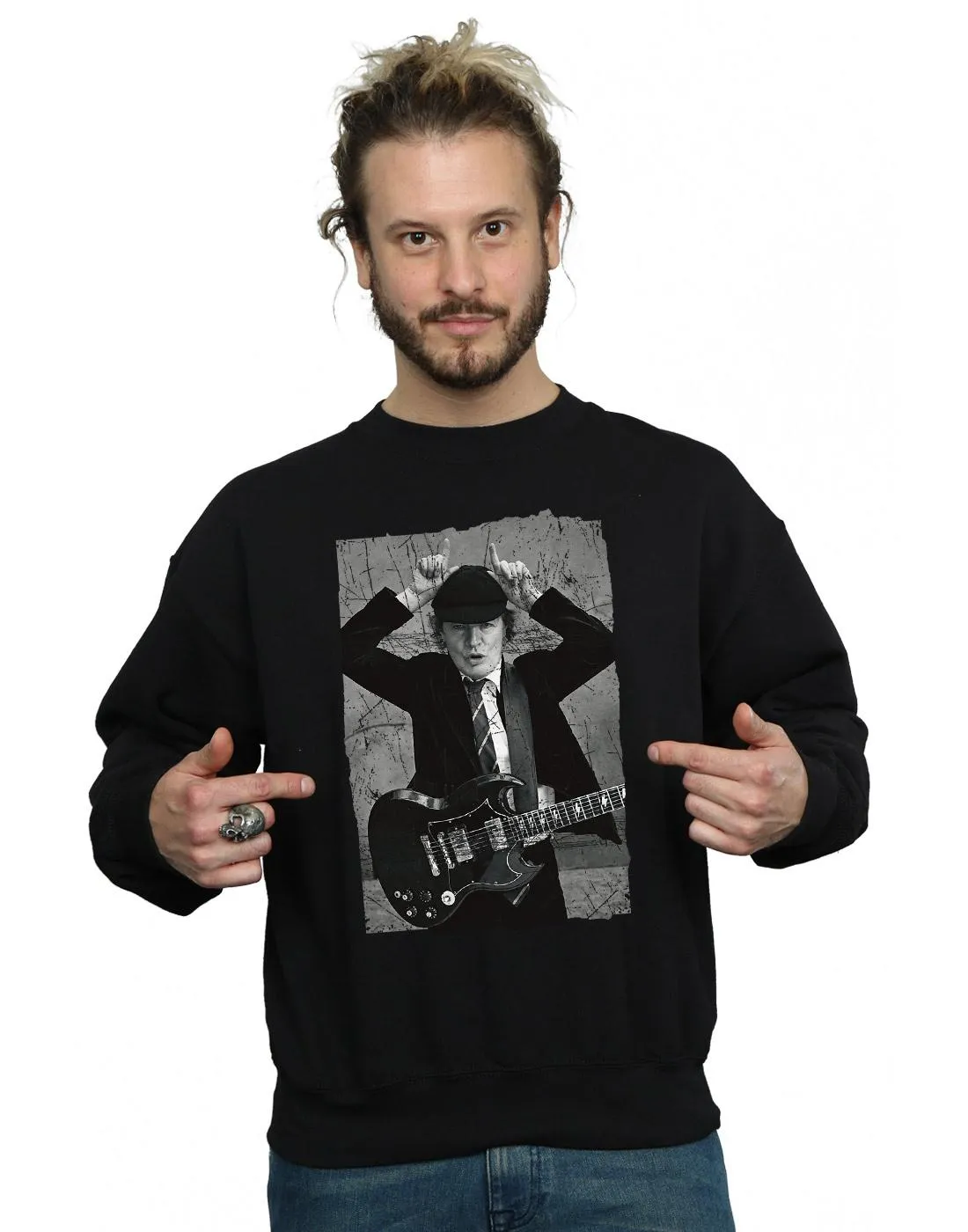 AC/DC Mens Angus Young Distressed Photo Cotton Sweatshirt