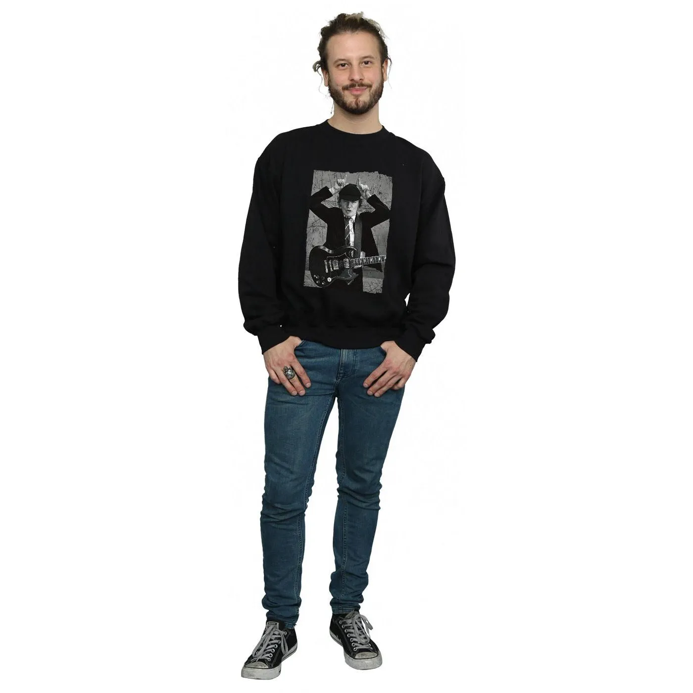 AC/DC Mens Angus Young Distressed Photo Cotton Sweatshirt