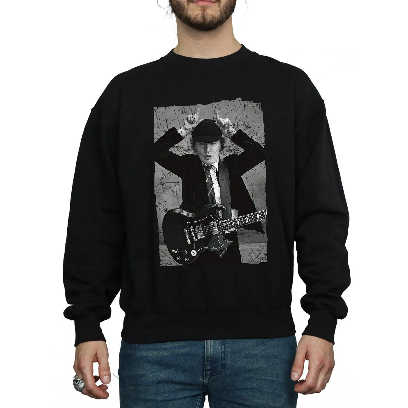 AC/DC Mens Angus Young Distressed Photo Cotton Sweatshirt