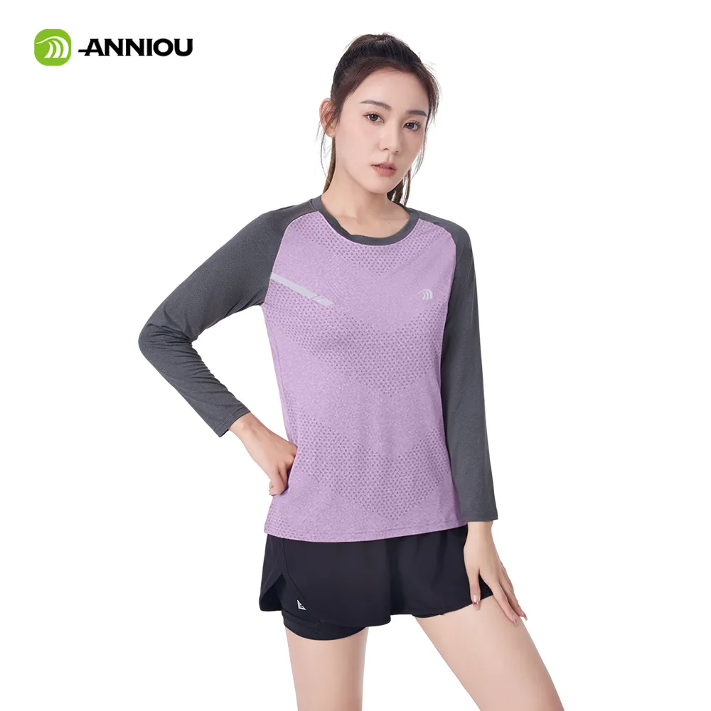 ANNIOU UPF100  Raw Yarn Sunscreen Women Sports Quick Dry T Shirt Long Sleeve Yoga Tops Training Fitness Running T Shirt