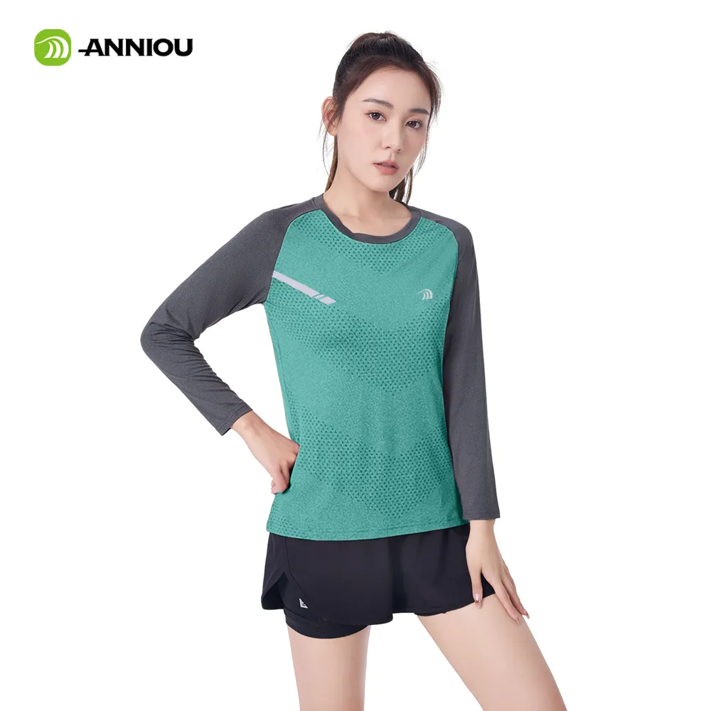 ANNIOU UPF100  Raw Yarn Sunscreen Women Sports Quick Dry T Shirt Long Sleeve Yoga Tops Training Fitness Running T Shirt