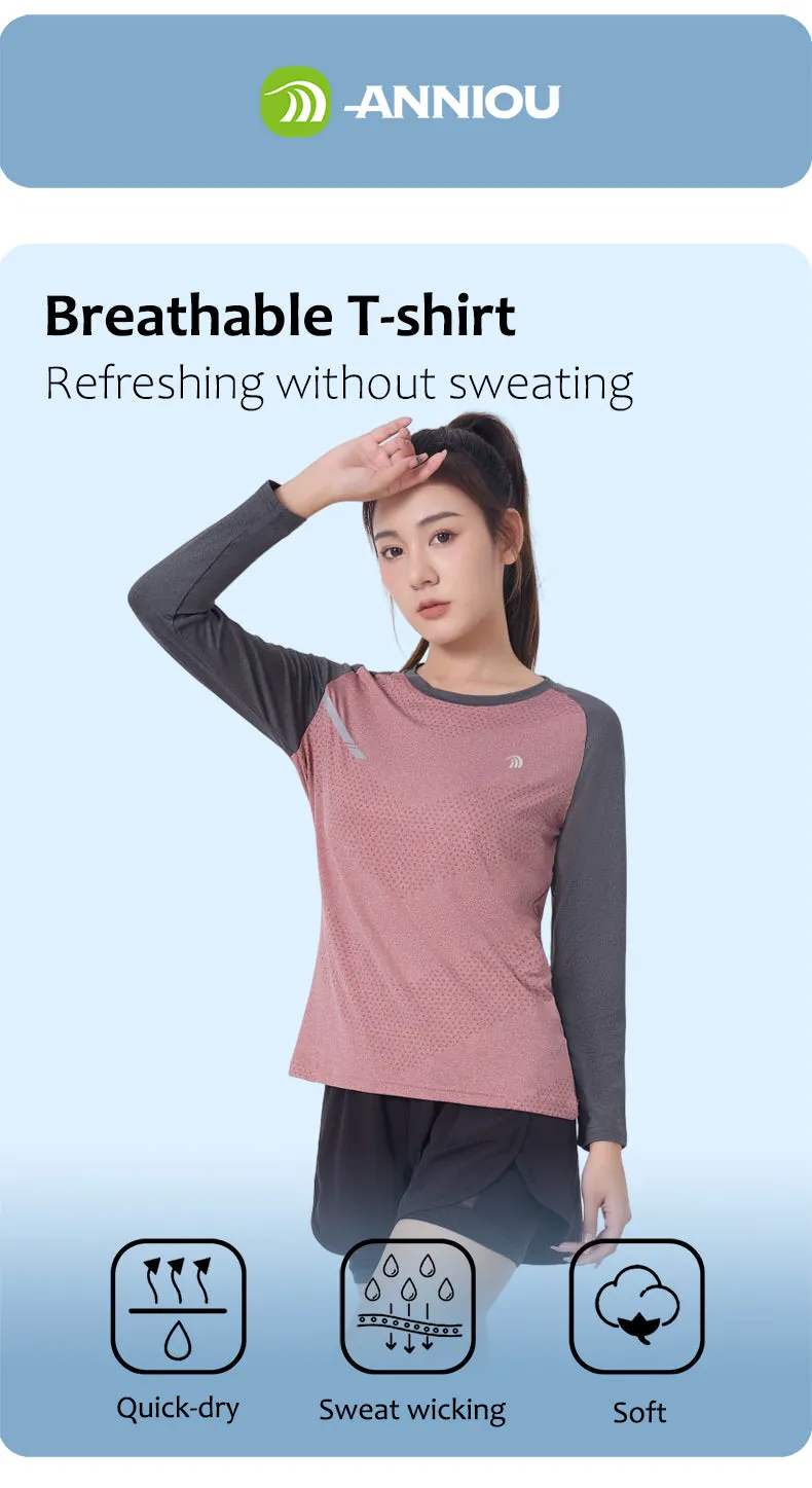 ANNIOU UPF100  Raw Yarn Sunscreen Women Sports Quick Dry T Shirt Long Sleeve Yoga Tops Training Fitness Running T Shirt