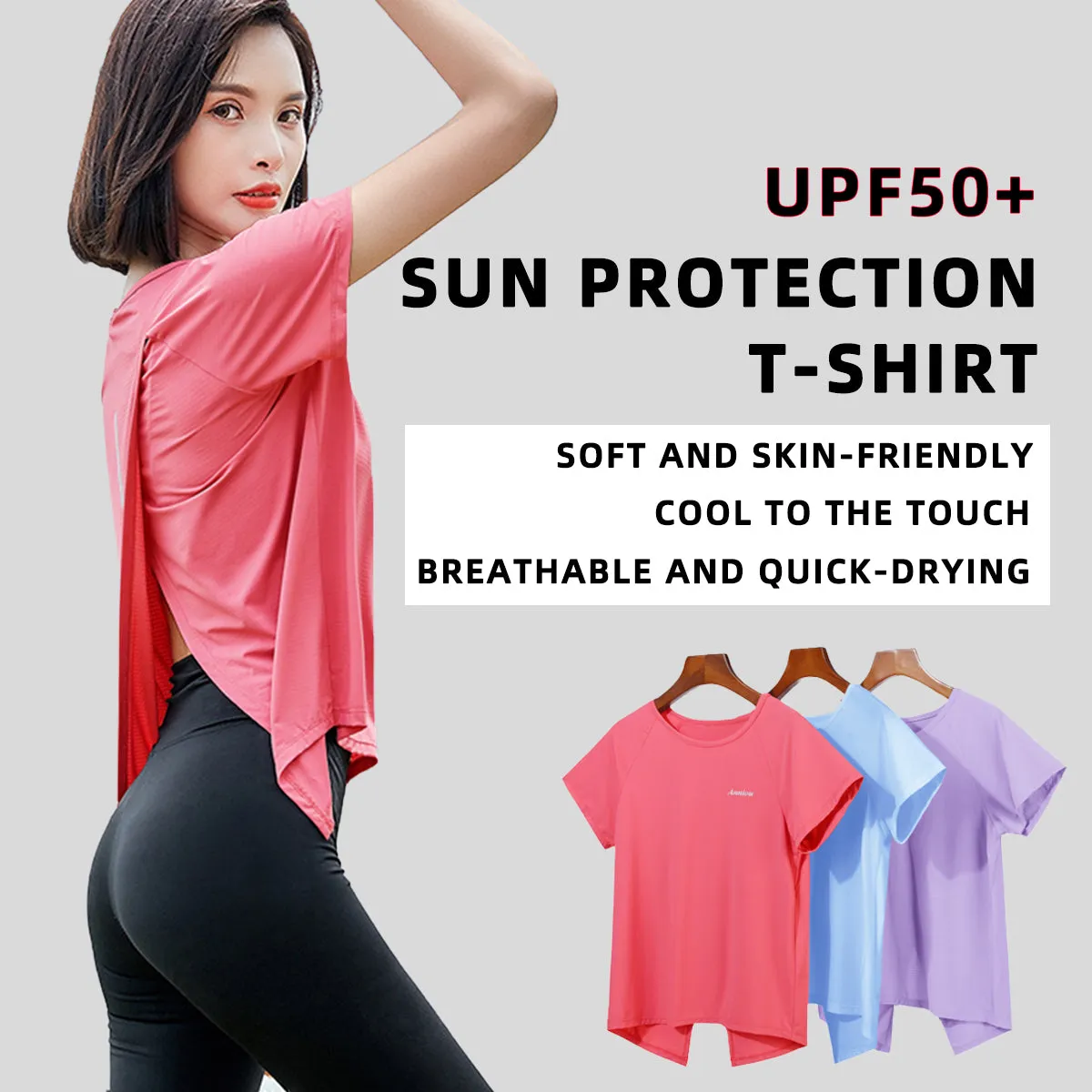 Casual Women's Summer Ice Silk Breathable Sunscreen T-shirt UPF50  Outdoor Running Fitness Yoga Clothes Quick dry Short Sleeve Top