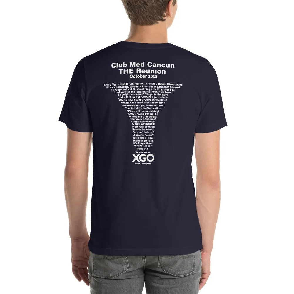 CLUB MED CANCUN THE REUNION Short-Sleeve Unisex T-Shirt - With White Print-Various Colors -Softer /Jersey feel to it. (Lightweight T-shirt)