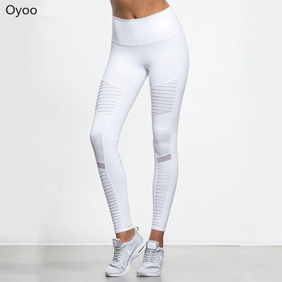 Flora M Women Elastic waistband Yoga pants with Mesh Panels High Waisted Moto Leggings in White Sport Yoga Leggings S/M/L FT025