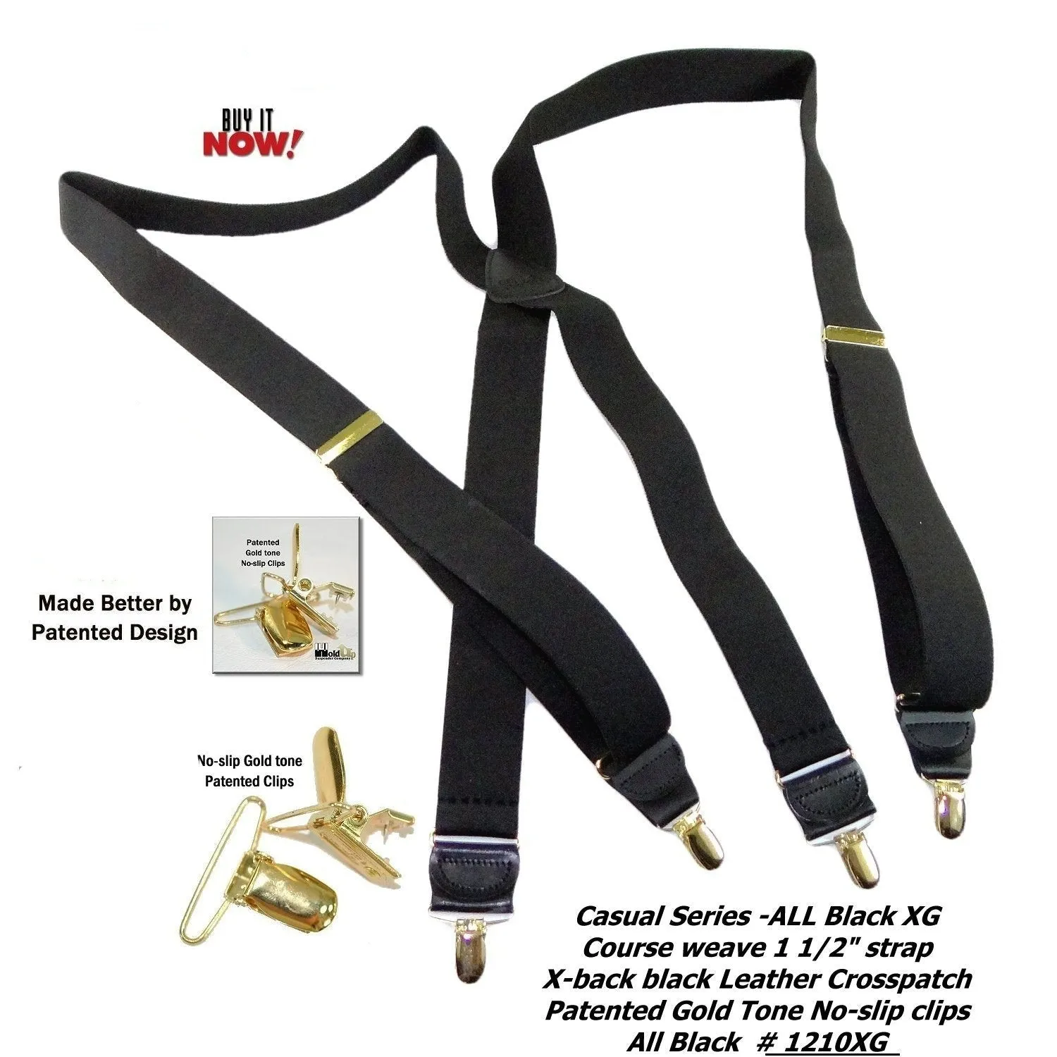 Holdup All Black Casual Series Suspenders in X-back style and USA patented Gold No-slip Clips