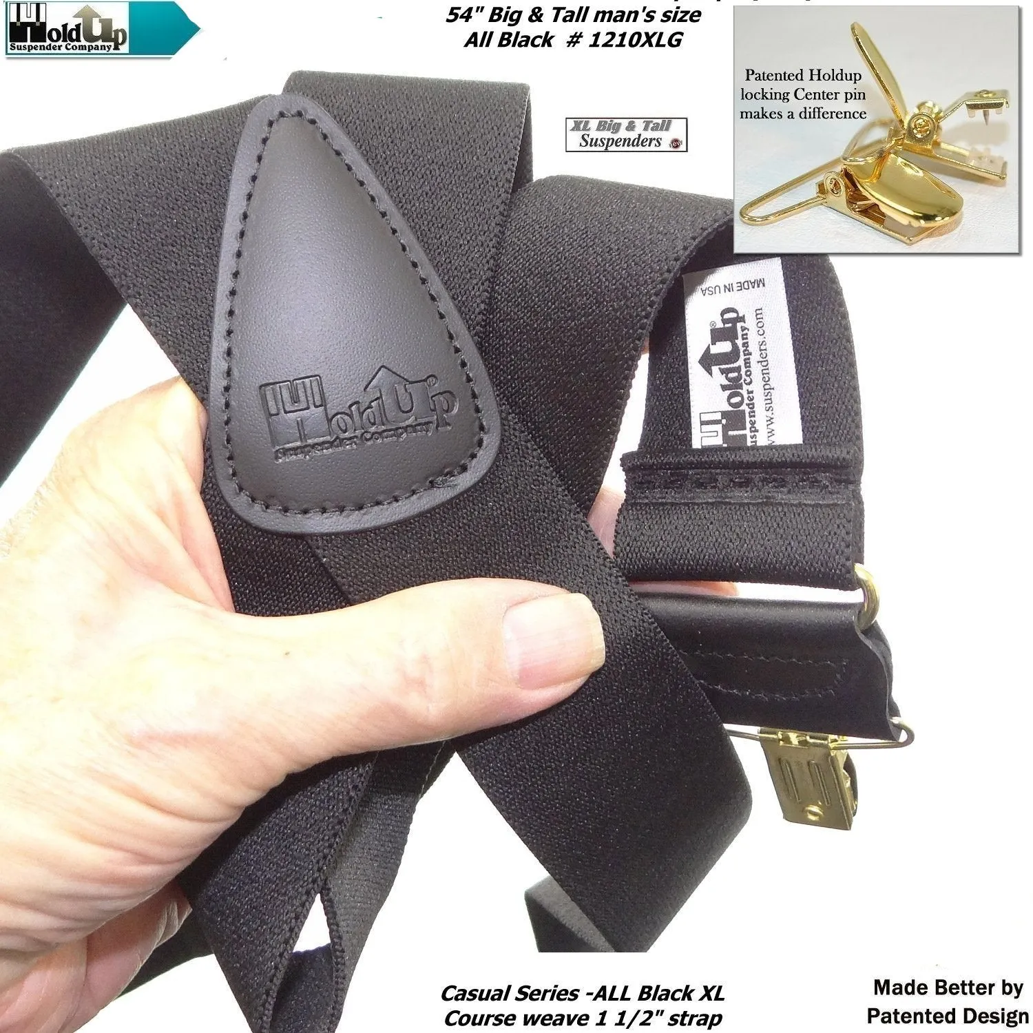 HoldUp Brand XL Big and Tall All Black X-back Suspenders with Gold tone USA patented No-slip Clips