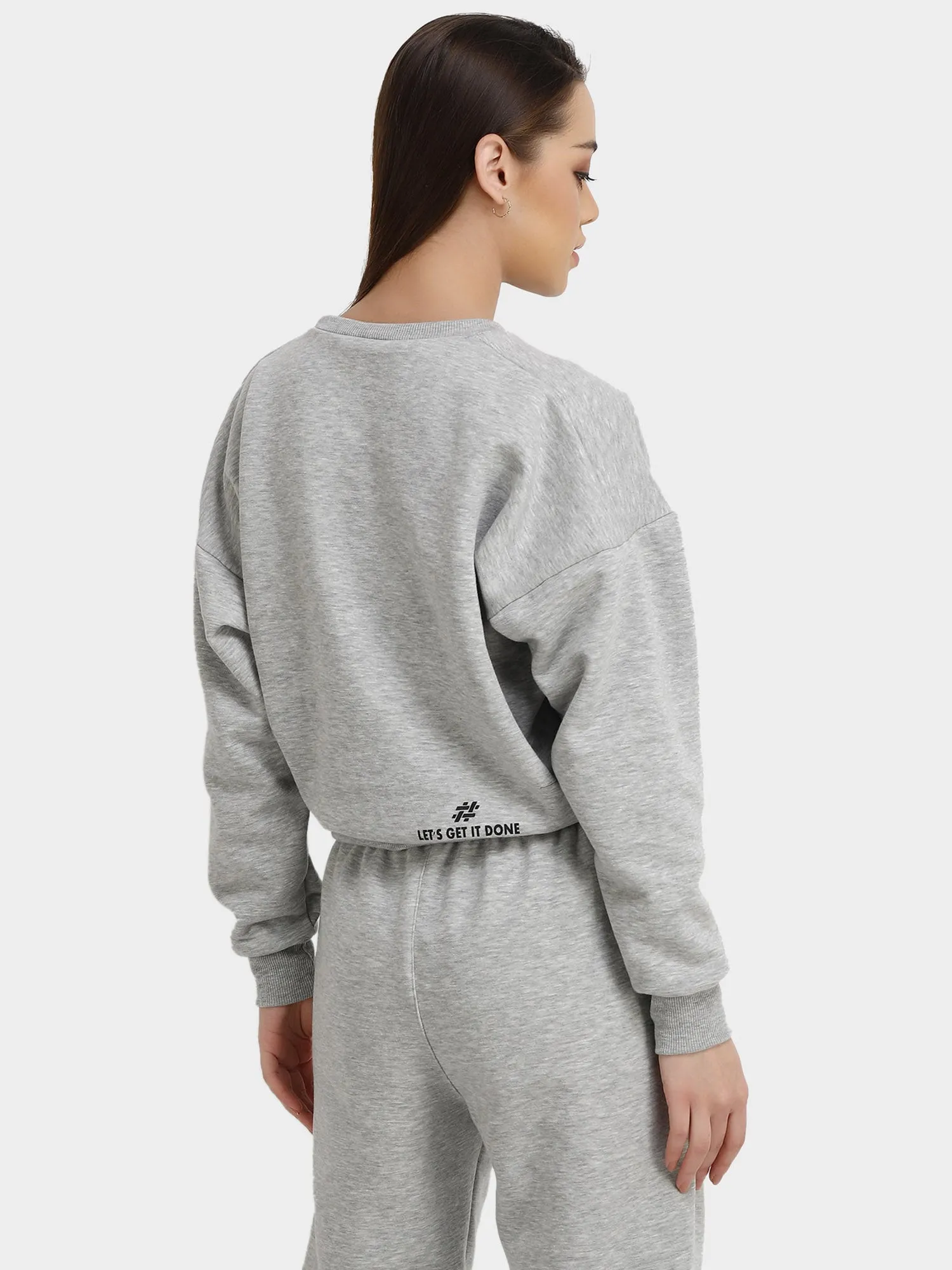 Long Sleeve Women Grey Fleece Crop Sweatshirt