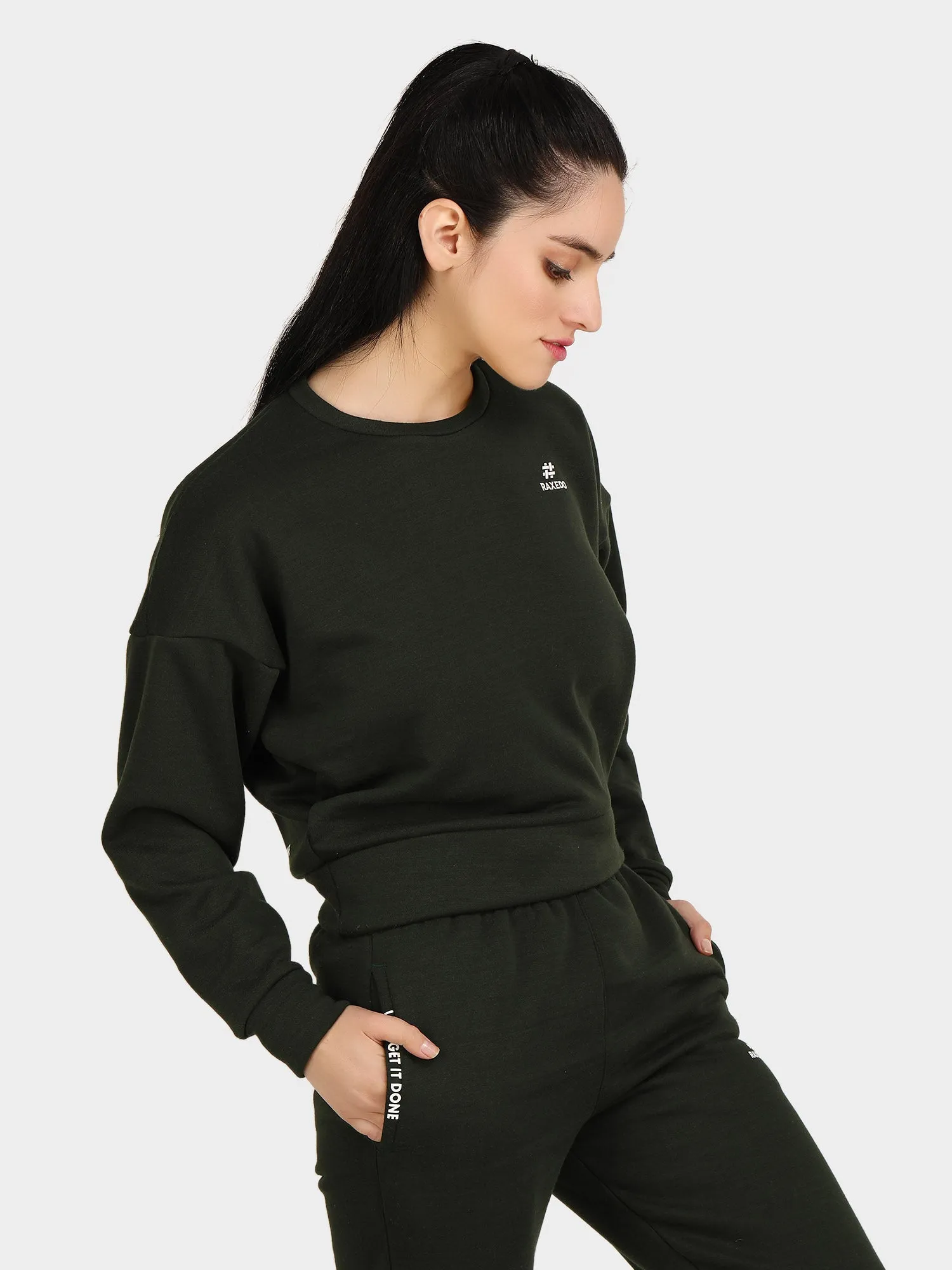 Long Sleeve Women Grey Fleece Crop Sweatshirt