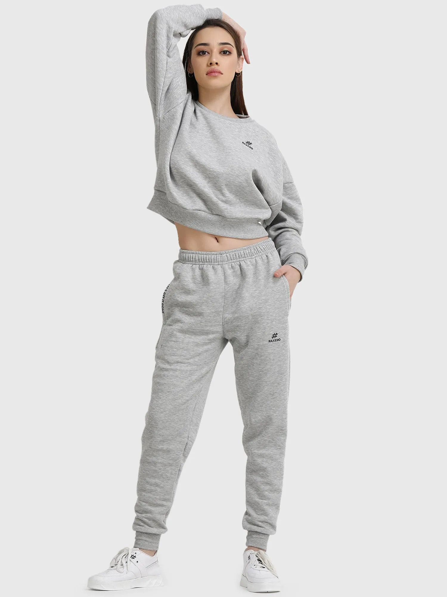 Long Sleeve Women Grey Fleece Crop Sweatshirt