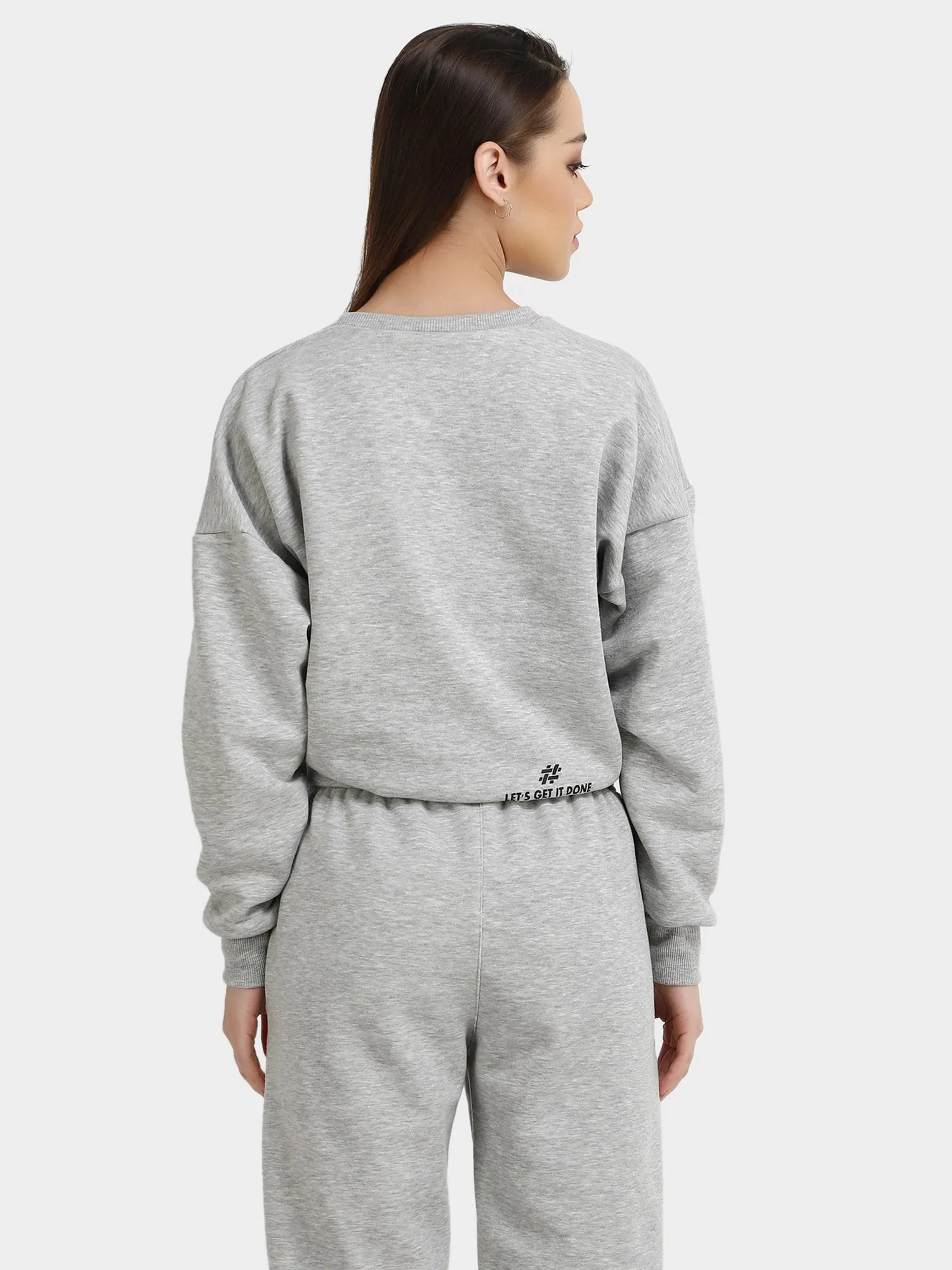 Long Sleeve Women Grey Fleece Crop Sweatshirt