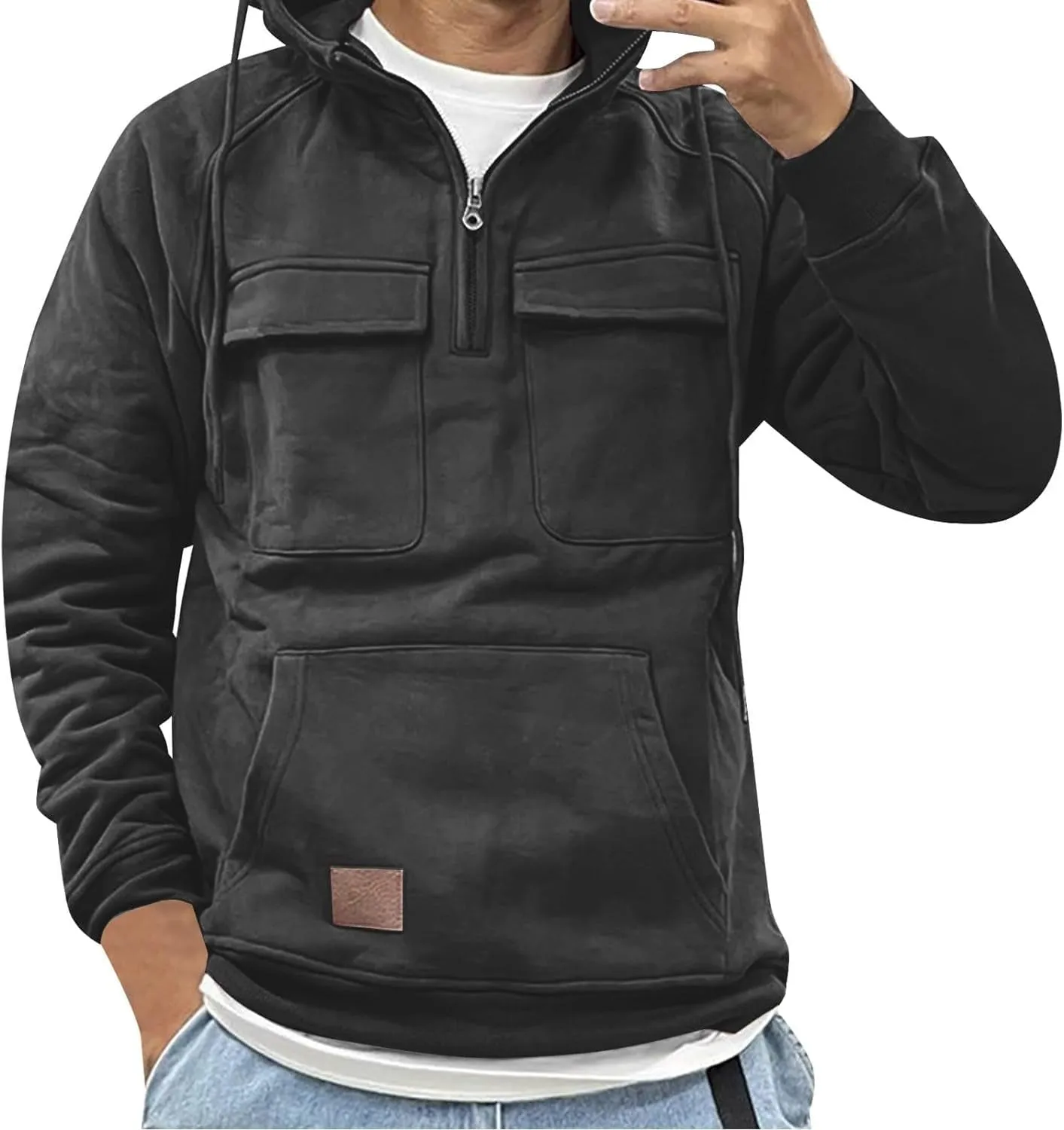 Men's Tactical Hoodie, Quarter Zip Hooded Sweatshirt, Long Sleeve, Casual Streetwear for Sports, Outdoor, Daily Wear - Spring & Fall