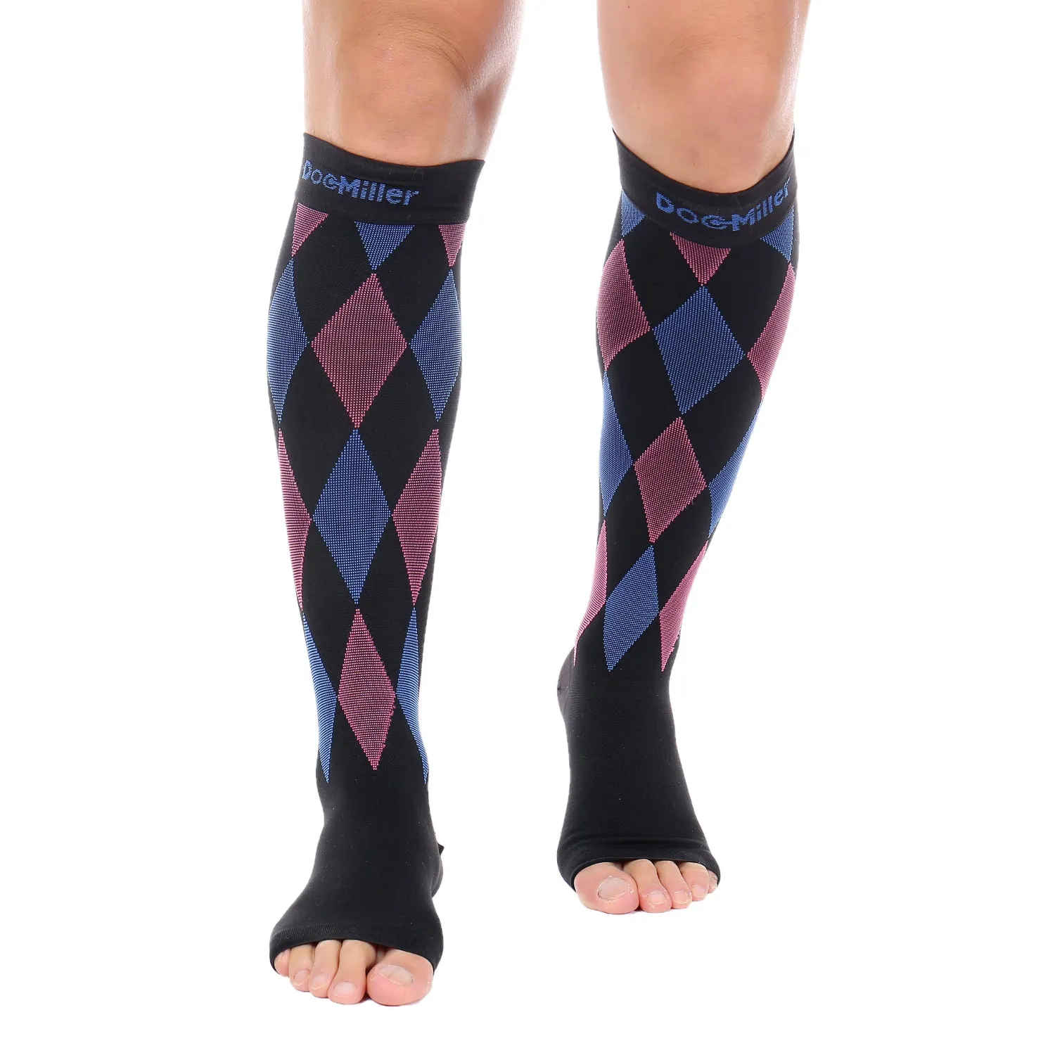 Open Toe Compression Socks 30-40 mmHg 3 Color-Argyle BLACK/BLUE/PINK by Doc Miller