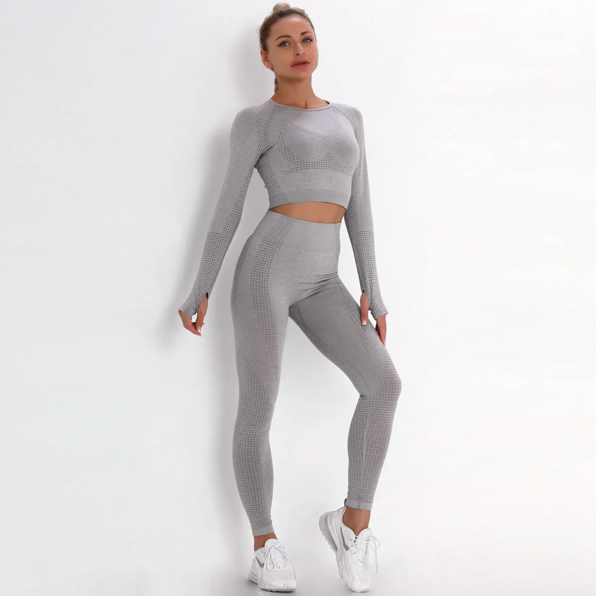 Sidiou Group Anniou Seamless Knit Yoga Sets Workout Wear Body-hugging Little Jacquard Sports Suit Body Yoga Top & Leggings Sport Women Fitness Suit