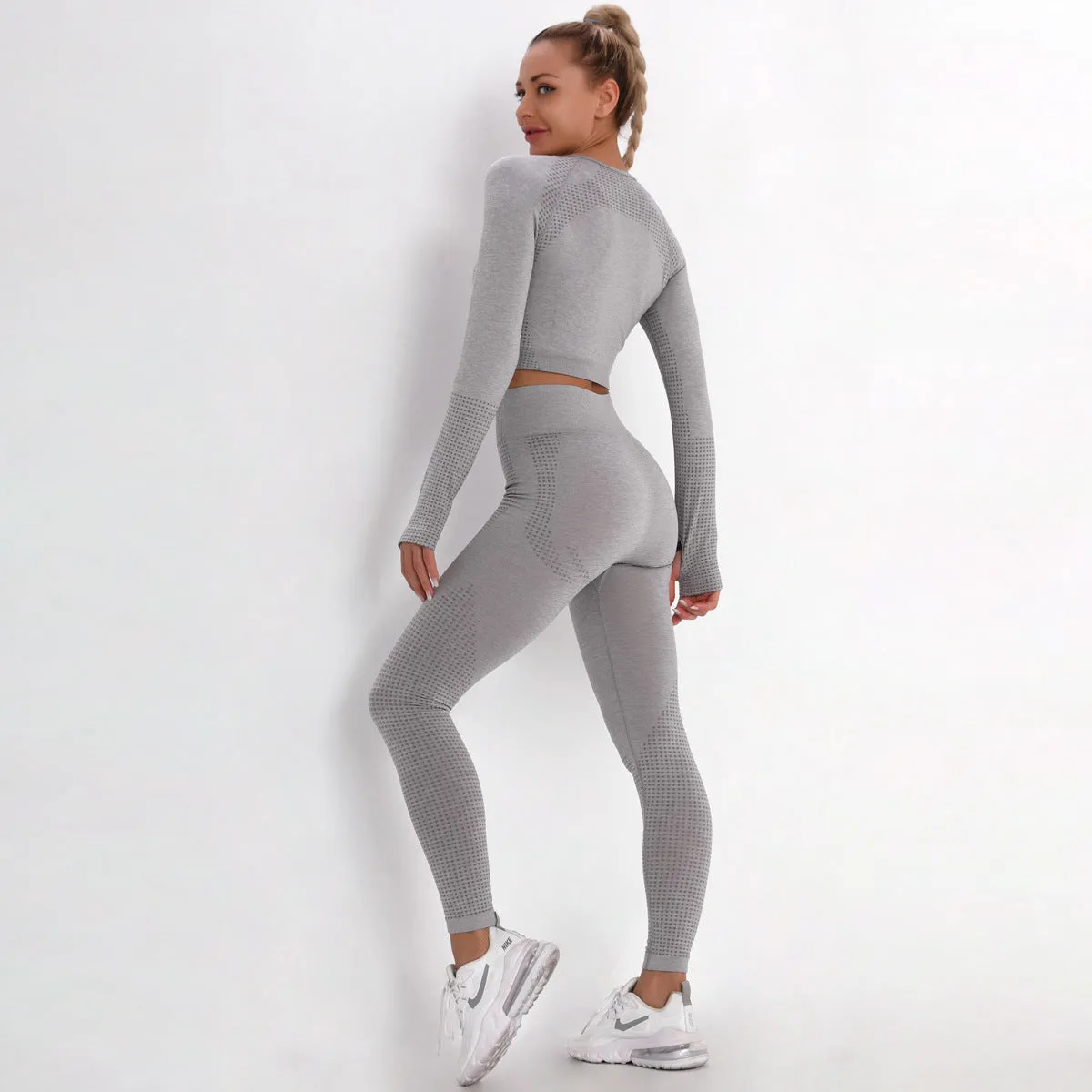 Sidiou Group Anniou Seamless Knit Yoga Sets Workout Wear Body-hugging Little Jacquard Sports Suit Body Yoga Top & Leggings Sport Women Fitness Suit