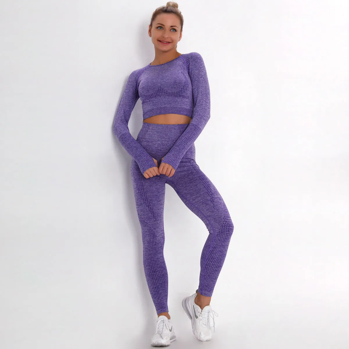 Sidiou Group Anniou Seamless Knit Yoga Sets Workout Wear Body-hugging Little Jacquard Sports Suit Body Yoga Top & Leggings Sport Women Fitness Suit