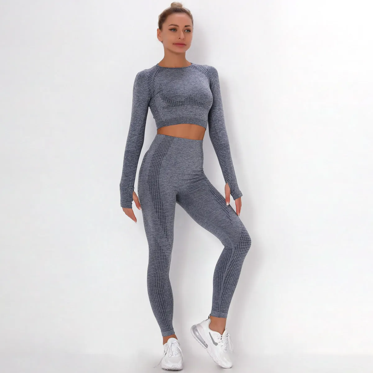 Sidiou Group Anniou Seamless Knit Yoga Sets Workout Wear Body-hugging Little Jacquard Sports Suit Body Yoga Top & Leggings Sport Women Fitness Suit