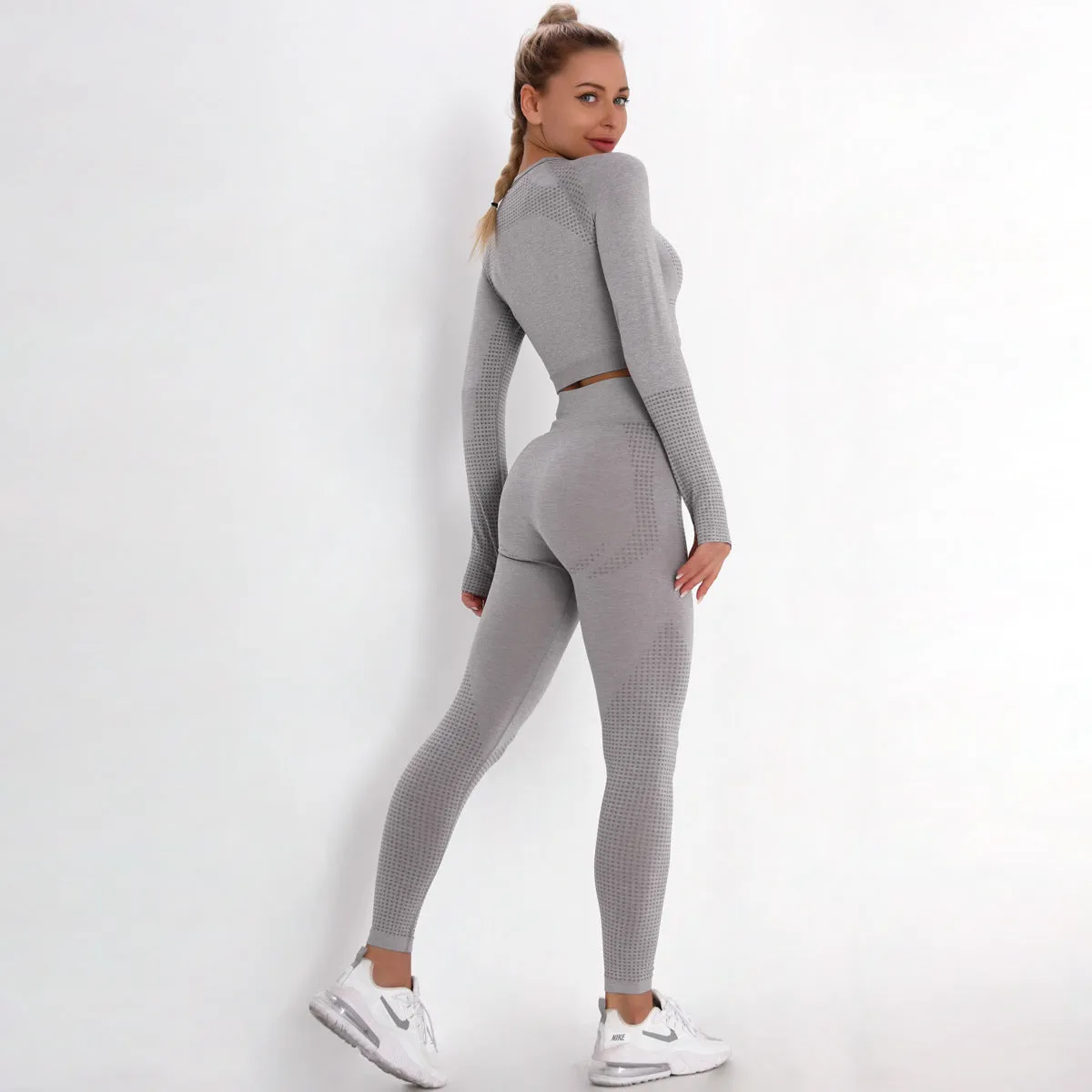 Sidiou Group Anniou Seamless Knit Yoga Sets Workout Wear Body-hugging Little Jacquard Sports Suit Body Yoga Top & Leggings Sport Women Fitness Suit