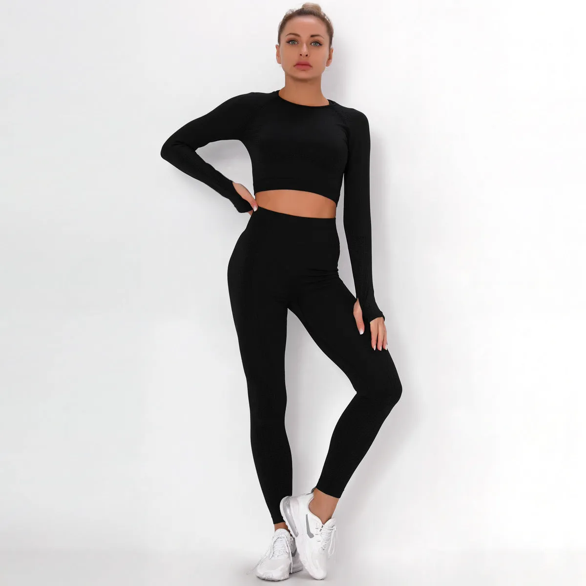 Sidiou Group Anniou Seamless Knit Yoga Sets Workout Wear Body-hugging Little Jacquard Sports Suit Body Yoga Top & Leggings Sport Women Fitness Suit