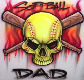 Softball Dad Airbrushed Skull Bats & Flames Custom Shirt Design