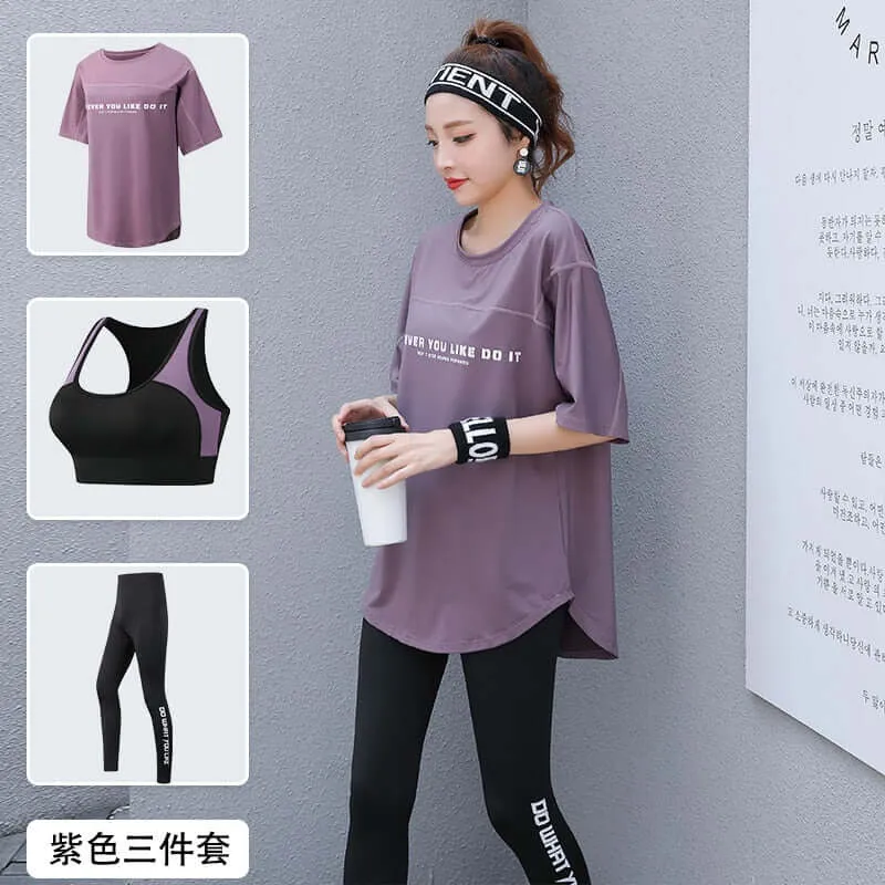 Women 2/3 Piece Set Breathable Quick Dry Fitness Gym Loose T Shirt Bra Leggings Sports Running Yoga Suits Plus Size