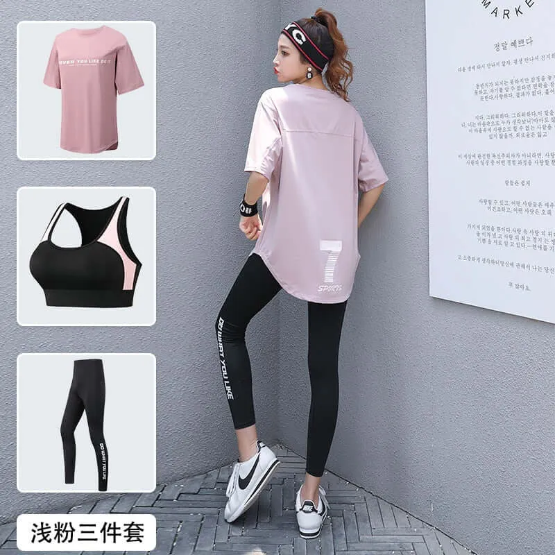 Women 2/3 Piece Set Breathable Quick Dry Fitness Gym Loose T Shirt Bra Leggings Sports Running Yoga Suits Plus Size