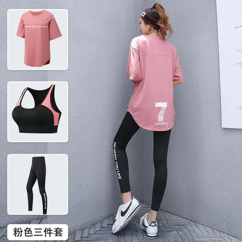 Women 2/3 Piece Set Breathable Quick Dry Fitness Gym Loose T Shirt Bra Leggings Sports Running Yoga Suits Plus Size