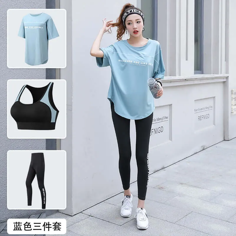 Women 2/3 Piece Set Breathable Quick Dry Fitness Gym Loose T Shirt Bra Leggings Sports Running Yoga Suits Plus Size