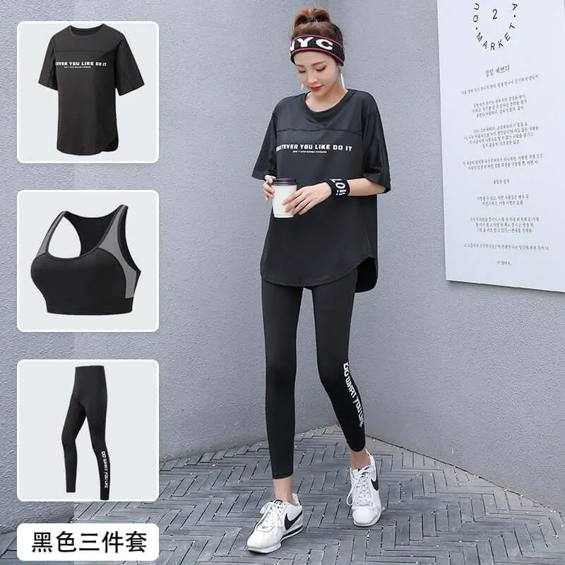 Women 2/3 Piece Set Breathable Quick Dry Fitness Gym Loose T Shirt Bra Leggings Sports Running Yoga Suits Plus Size