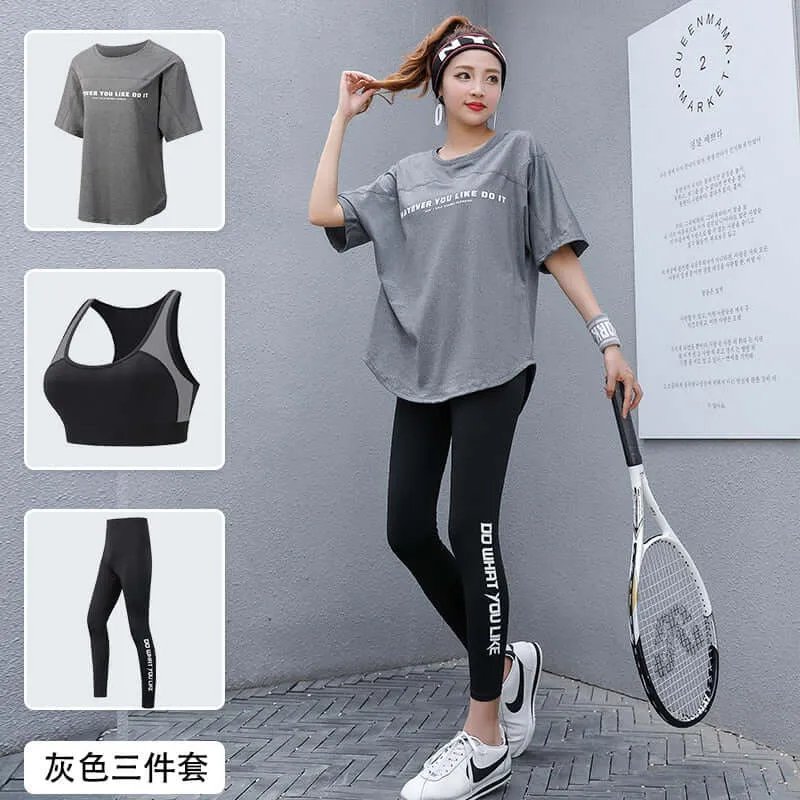 Women 2/3 Piece Set Breathable Quick Dry Fitness Gym Loose T Shirt Bra Leggings Sports Running Yoga Suits Plus Size