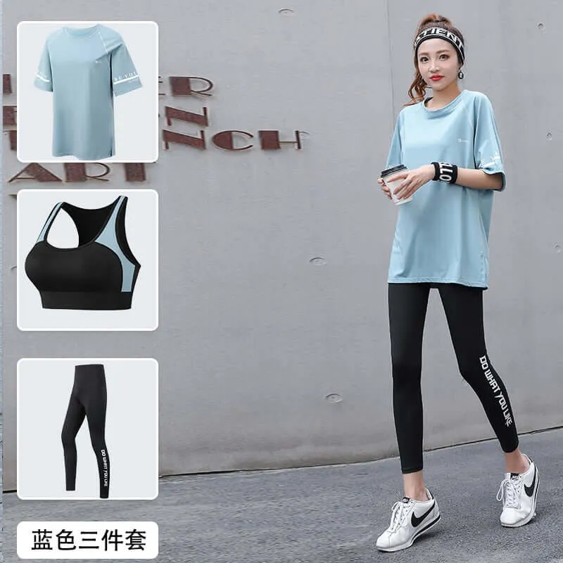 Women 3 Pieces Set Breathable Quick Dry Fitness Gym Loose T Shirt Bra Leggings Sports Running Yoga Suits Plus Size