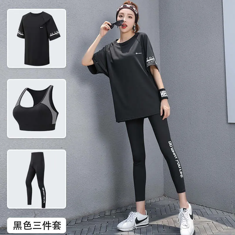 Women 3 Pieces Set Breathable Quick Dry Fitness Gym Loose T Shirt Bra Leggings Sports Running Yoga Suits Plus Size