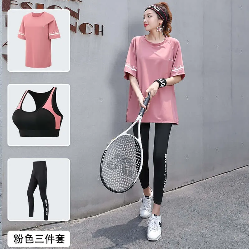 Women 3 Pieces Set Breathable Quick Dry Fitness Gym Loose T Shirt Bra Leggings Sports Running Yoga Suits Plus Size