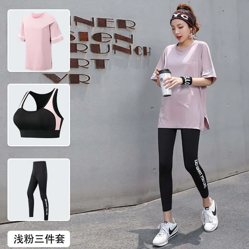 Women 3 Pieces Set Breathable Quick Dry Fitness Gym Loose T Shirt Bra Leggings Sports Running Yoga Suits Plus Size