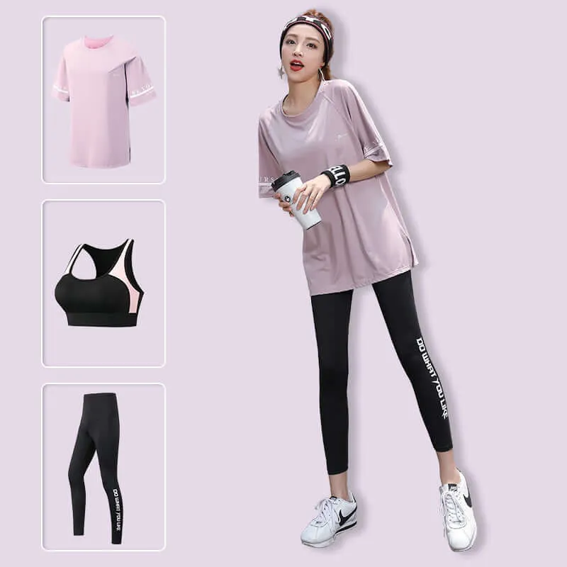 Women 3 Pieces Set Breathable Quick Dry Fitness Gym Loose T Shirt Bra Leggings Sports Running Yoga Suits Plus Size