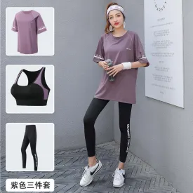 Women 3 Pieces Set Breathable Quick Dry Fitness Gym Loose T Shirt Bra Leggings Sports Running Yoga Suits Plus Size