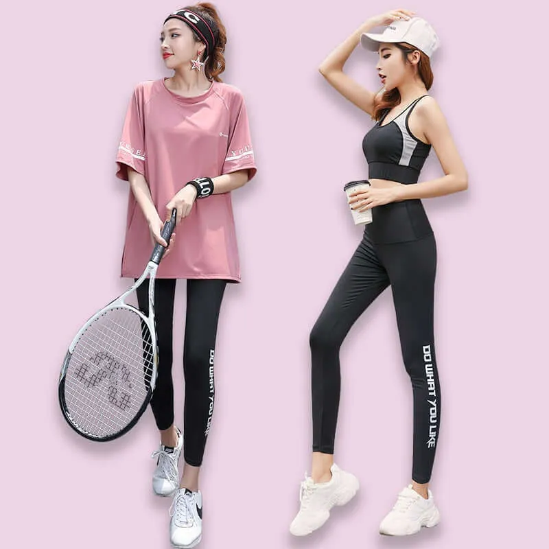 Women 3 Pieces Set Breathable Quick Dry Fitness Gym Loose T Shirt Bra Leggings Sports Running Yoga Suits Plus Size