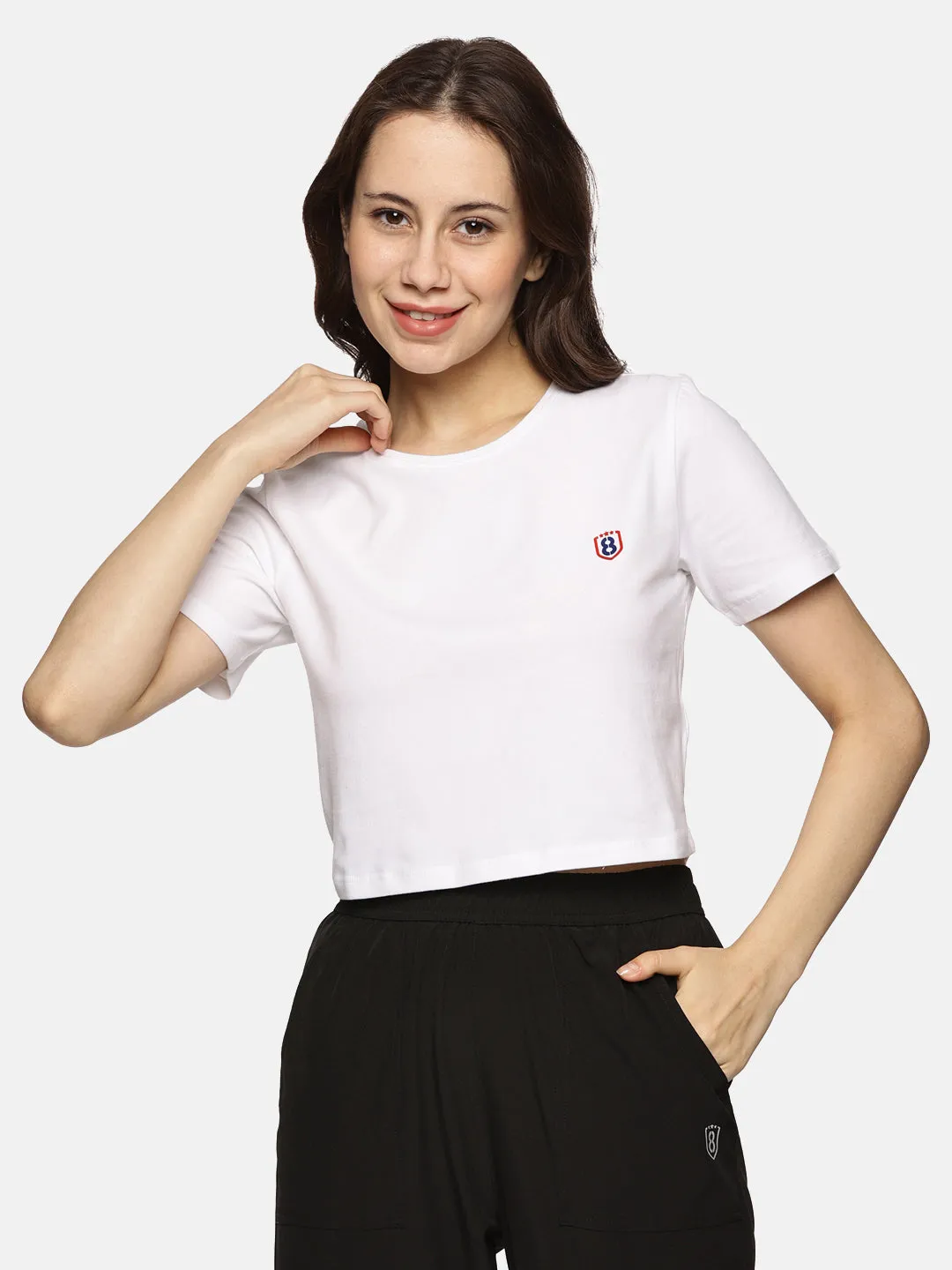 Women Cotton Spandex Short Sleeve Crop Top (Light Pink)