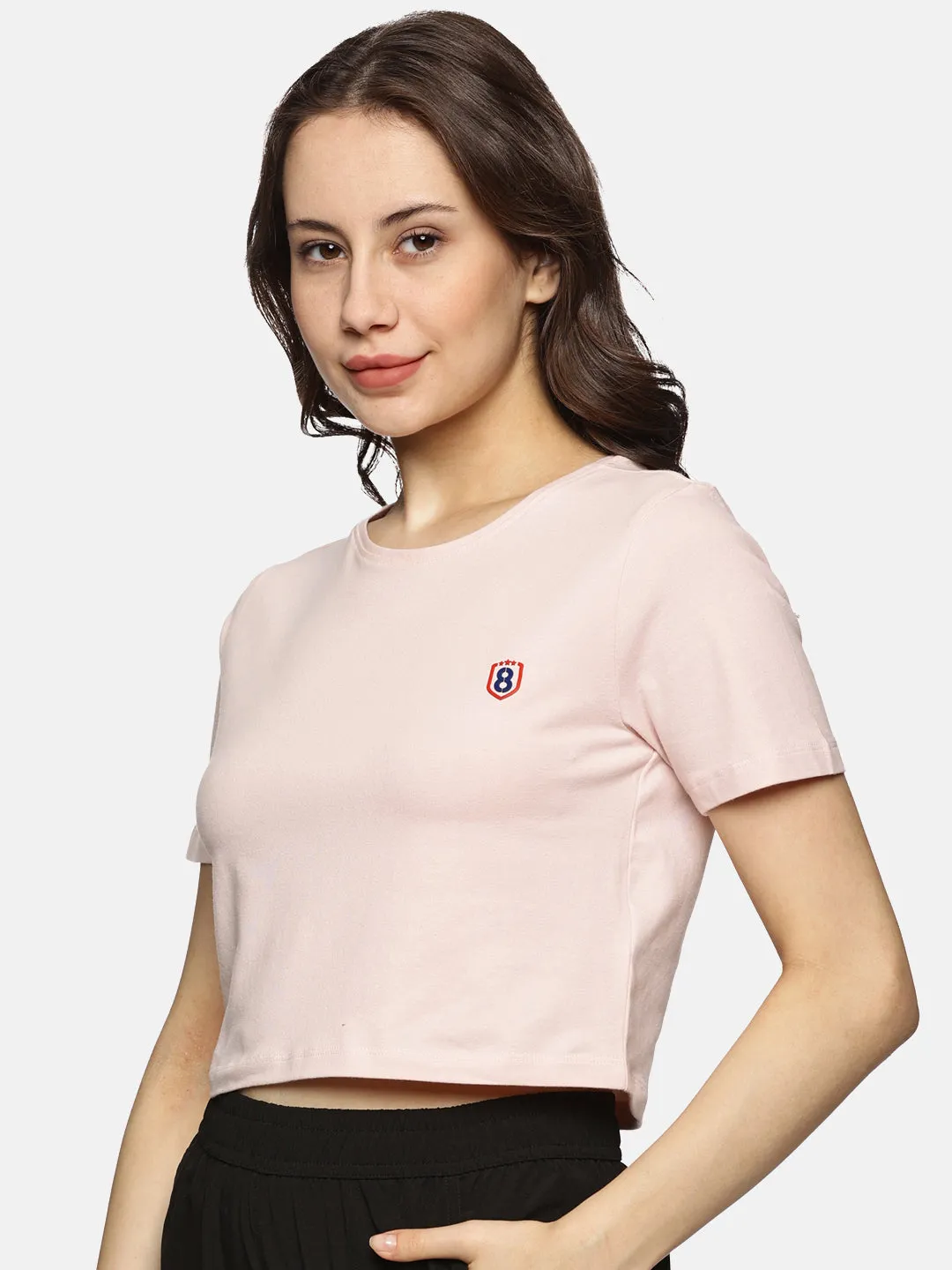 Women Cotton Spandex Short Sleeve Crop Top (Light Pink)