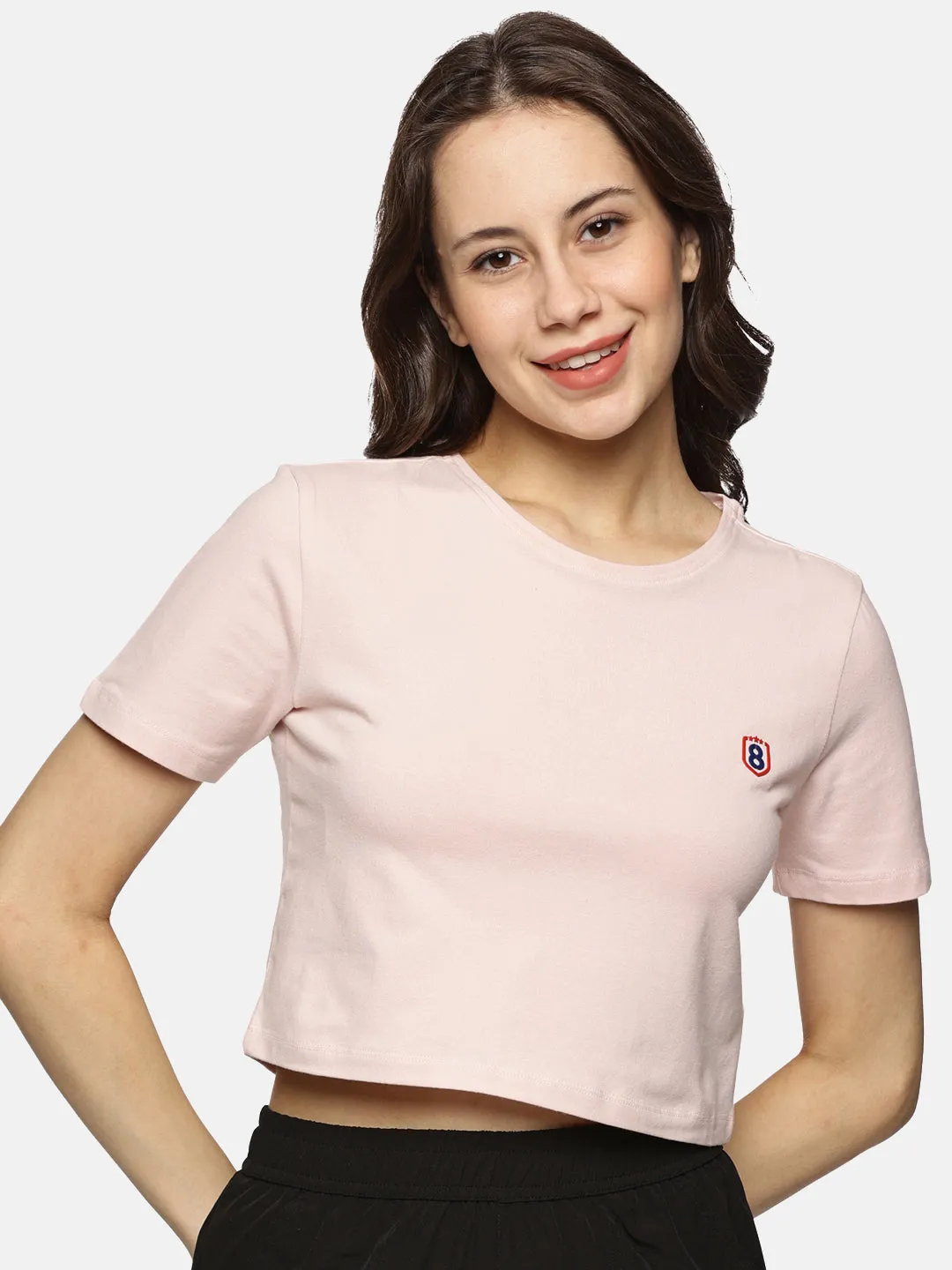 Women Cotton Spandex Short Sleeve Crop Top (Light Pink)