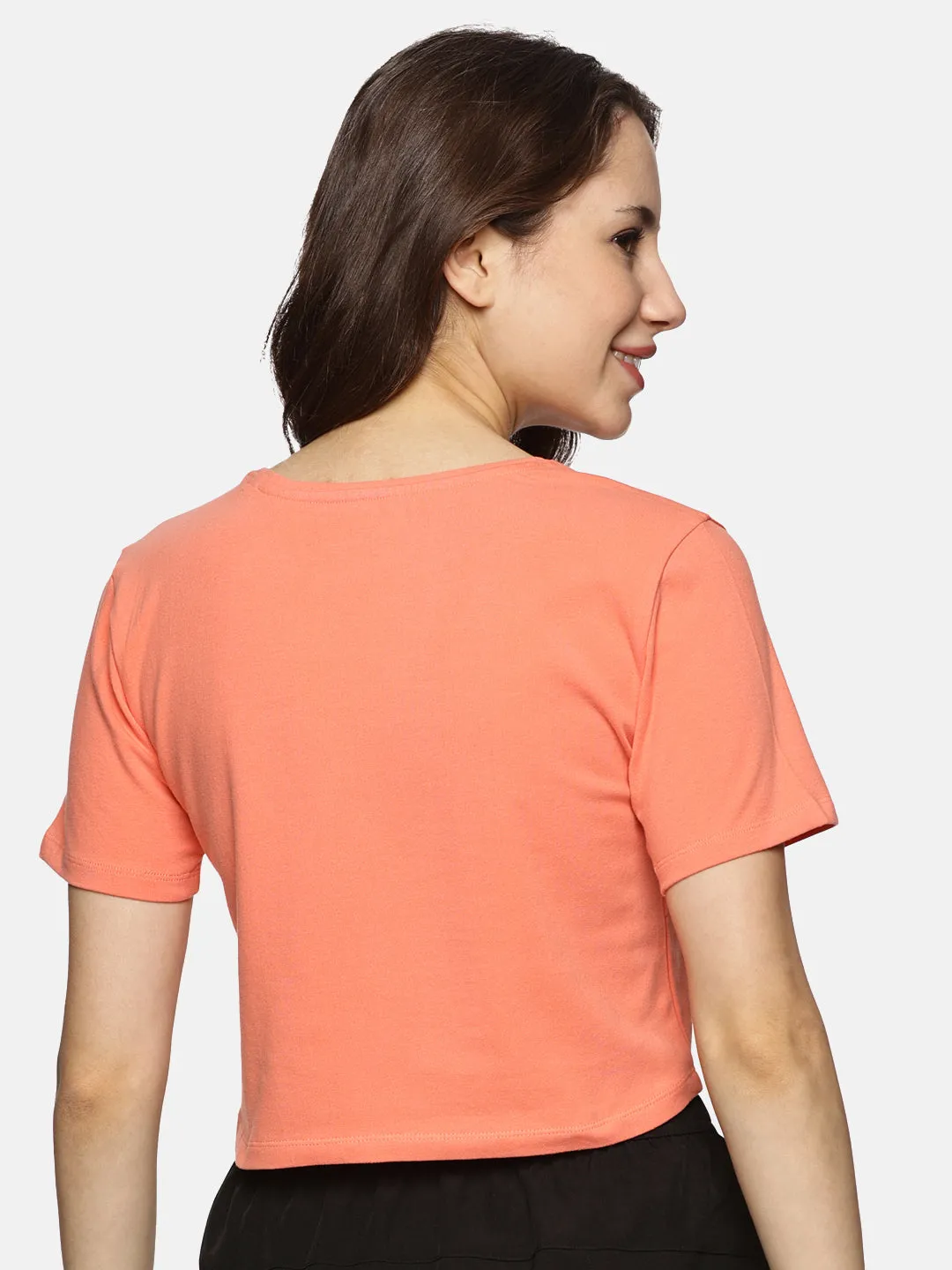 Women Cotton Spandex Short Sleeve Crop Top (Peach)