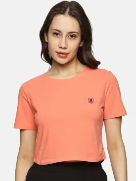 Women Cotton Spandex Short Sleeve Crop Top (Peach)